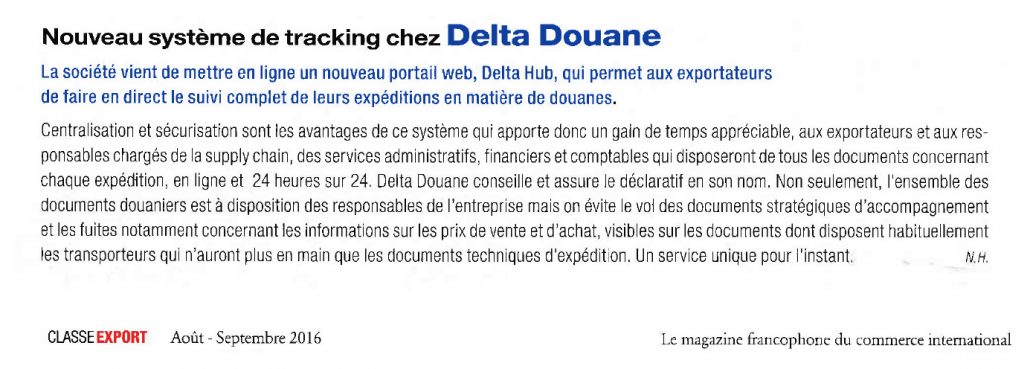 Delta Douane est dans "Classe Export Magazine n°236"